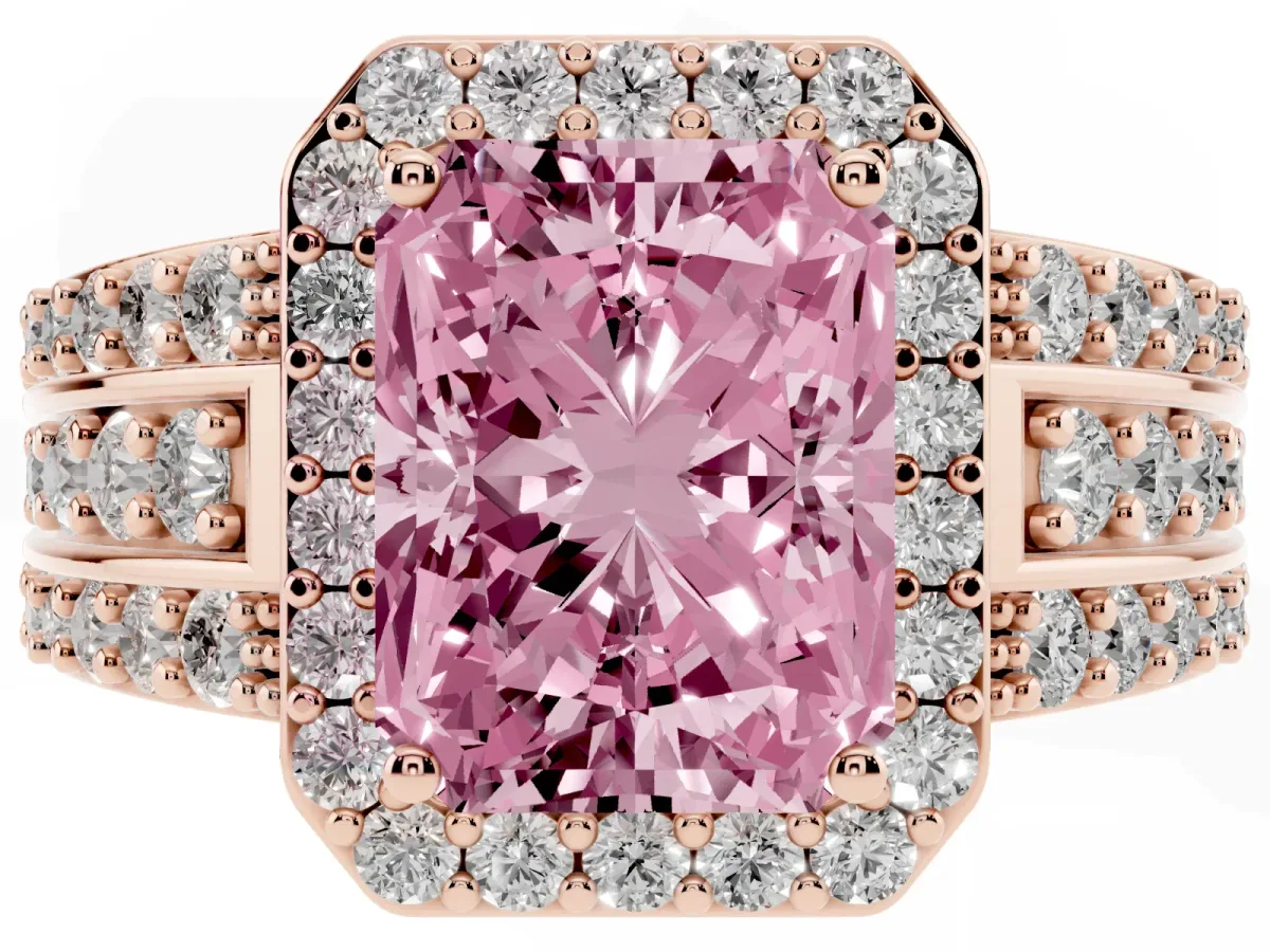 Fancy Pink Radiant Cut Halo Diamond Ring with Round Split Shank and Prong Setting Rose gold