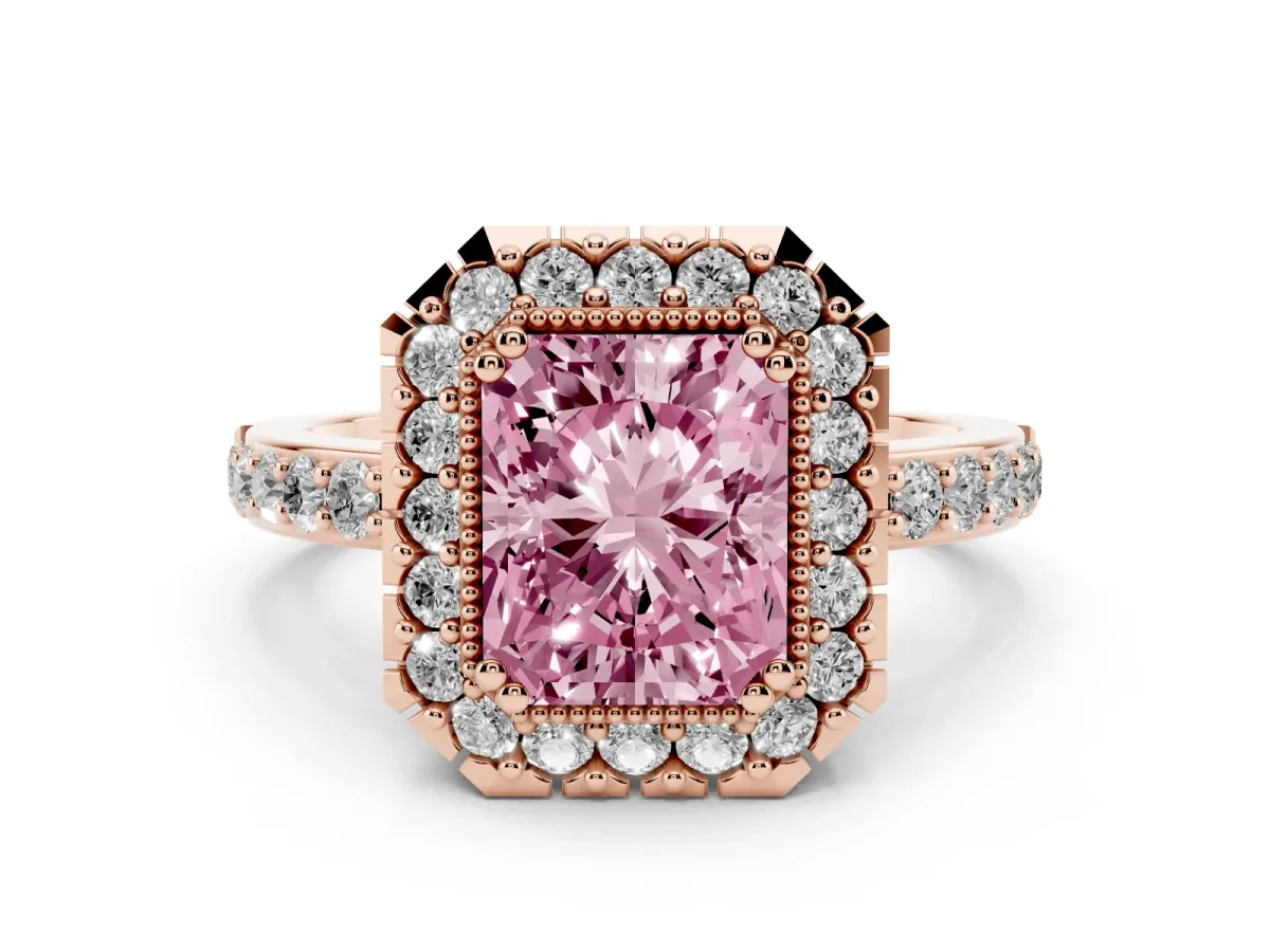 Fancy Pink Radiant Cut Diamond Halo Ring with Pavé Band and Prong Setting Rose gold