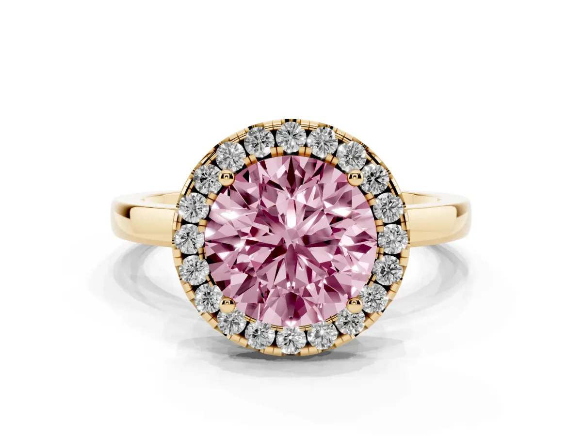 Fancy Pink Round Cut Halo Diamond Solitaire with Pavé Band and Four-Prong Setting Yellow gold