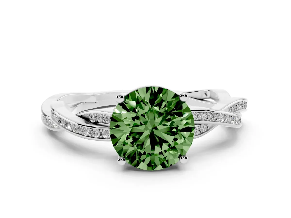 Fancy Green Round Cut Solitaire Twisted Pave Diamond Ring with Four-Prong Setting Silver