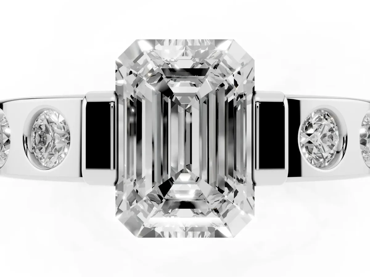 Emerald Cut Brilliant Channel-Set Diamond Ring with Bezel Prong Setting Silver