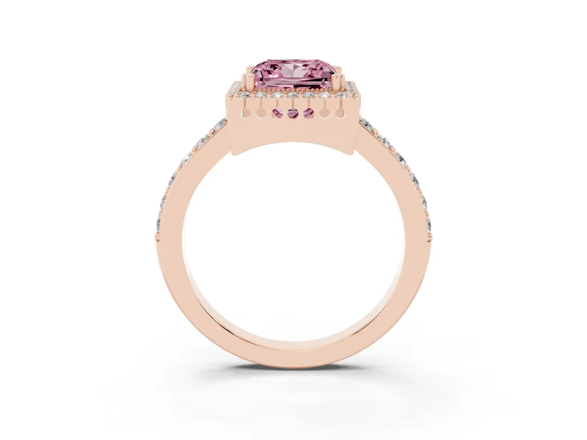 Fancy Pink Princess Cut Cut Diamond Halo Engagement Ring with Milgrain Detail and Pavé Band Rose gold