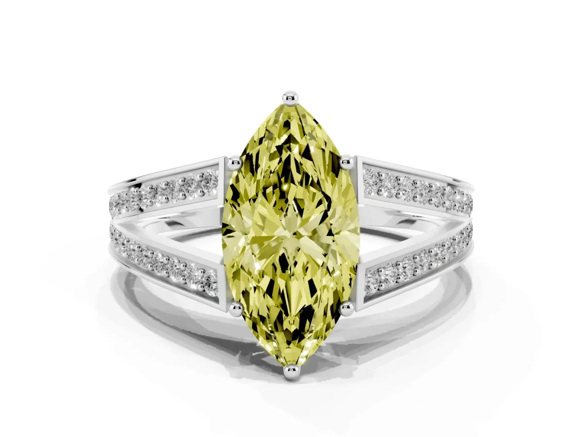 Fancy Yellow Marquise Cut Diamond Split Shank Ring with Pavé Band and Four-Prong Setting Platinum