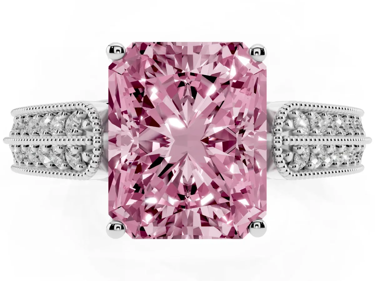 Fancy Pink Radiant Cut Cut Pave Split Shank Engagement Ring with Four-Prong Setting White gold