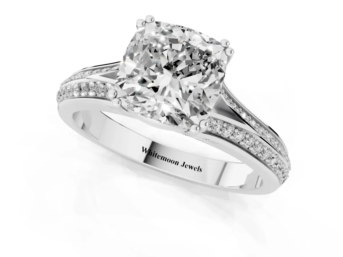 Cushion Cut Diamond Split Shank Engagement Ring with Pavé Band White gold