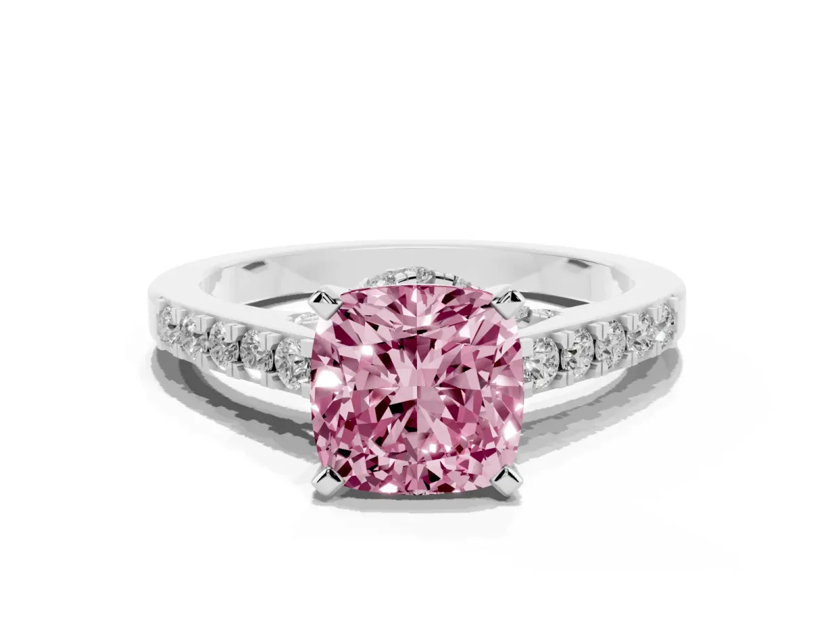 Fancy Pink Cushion Cut Diamond Solitaire Ring with Crossover Gallery and Round Pavé Band White gold