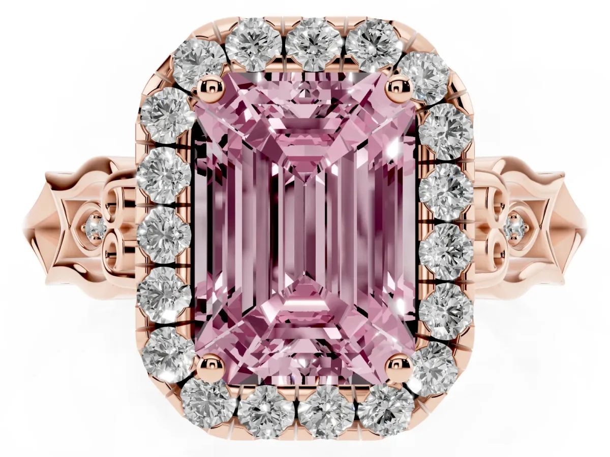 Fancy Pink Emerald Cut Halo Diamond Engagement Ring with Filigree Band and Four-Prong Setting Rose gold