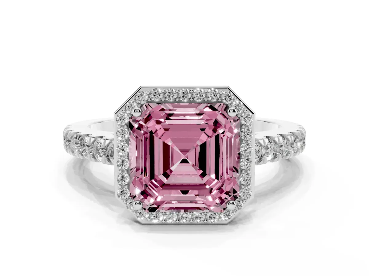 Fancy Pink Asscher Cut Cut Halo Diamond Engagement Ring with Pave Band and Four-Prong Setting White gold