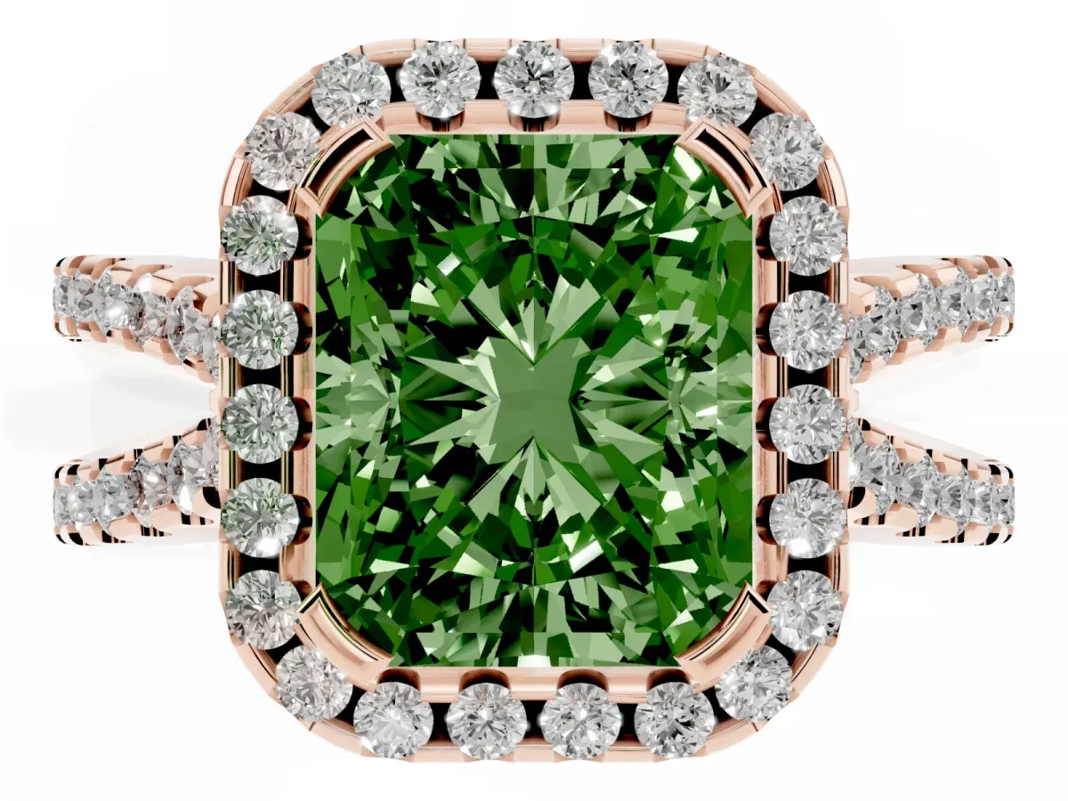 Fancy Green Radiant Cut Diamond Halo Ring with Split Shank Pavé Band and Prong Setting Rose gold
