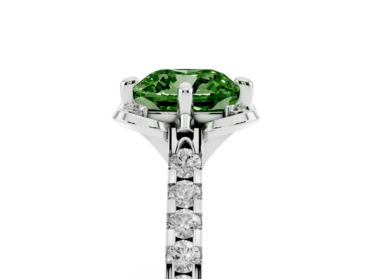 Fancy Green Cushion Cut Diamond Ring with Pavé Band and Floral Prong Setting Platinum