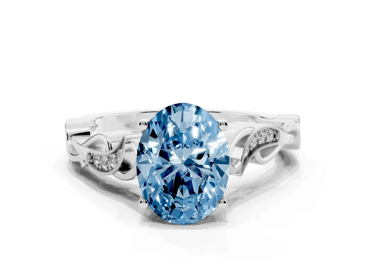 Fancy Blue Oval Cut Solitaire Vine Band with Milgrain Prong Setting White gold