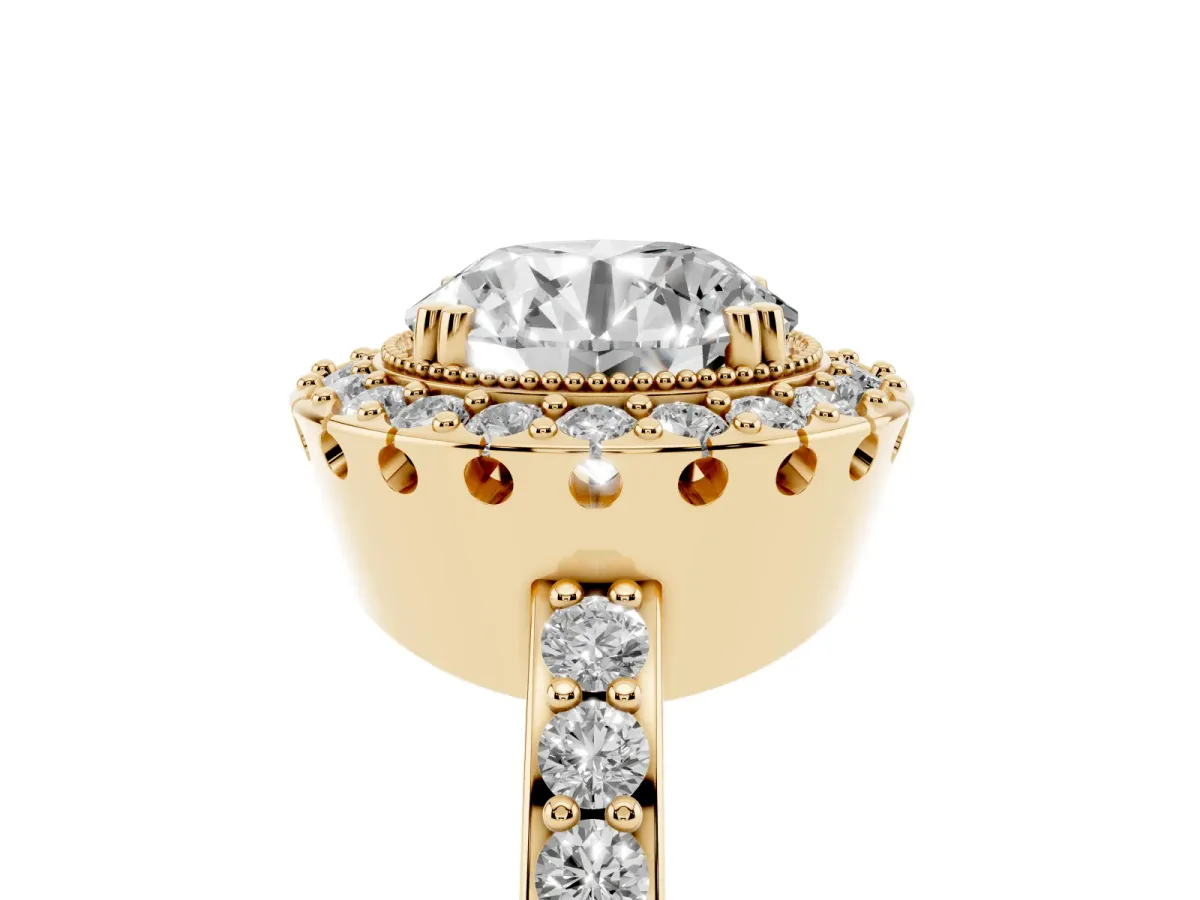 Round Cut Diamond Halo Ring with Pavé Band and Prong Setting Yellow gold