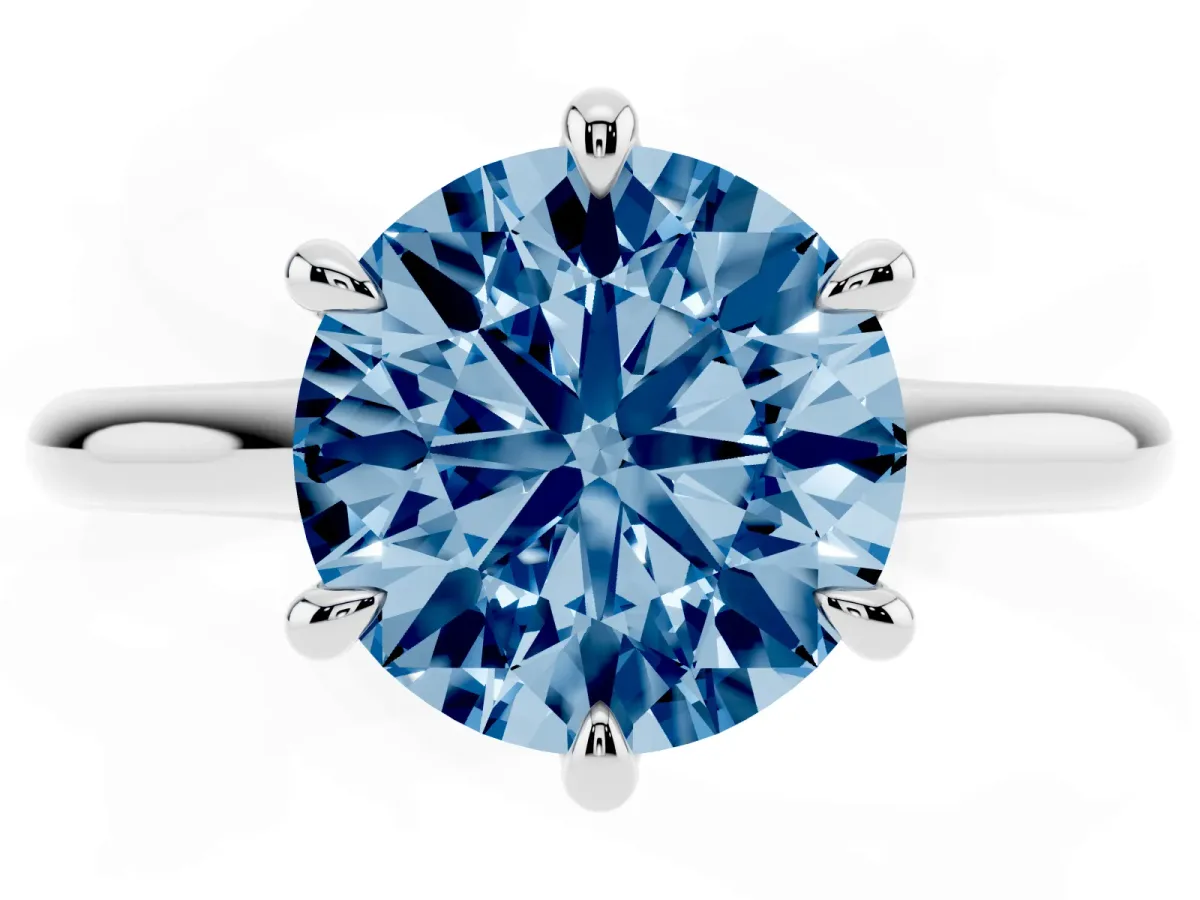 Fancy Blue Round Cut Solitaire Engagement Ring with Six-Prong Setting and Classic Band Silver