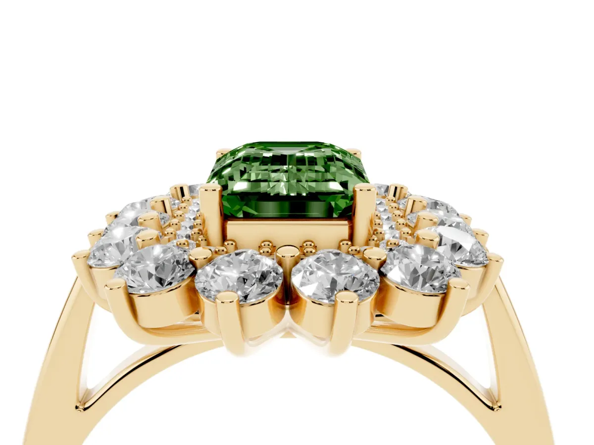 Fancy Green Emerald Cut Diamond Floral Double Halo Engagement Ring with Prong Setting Yellow gold