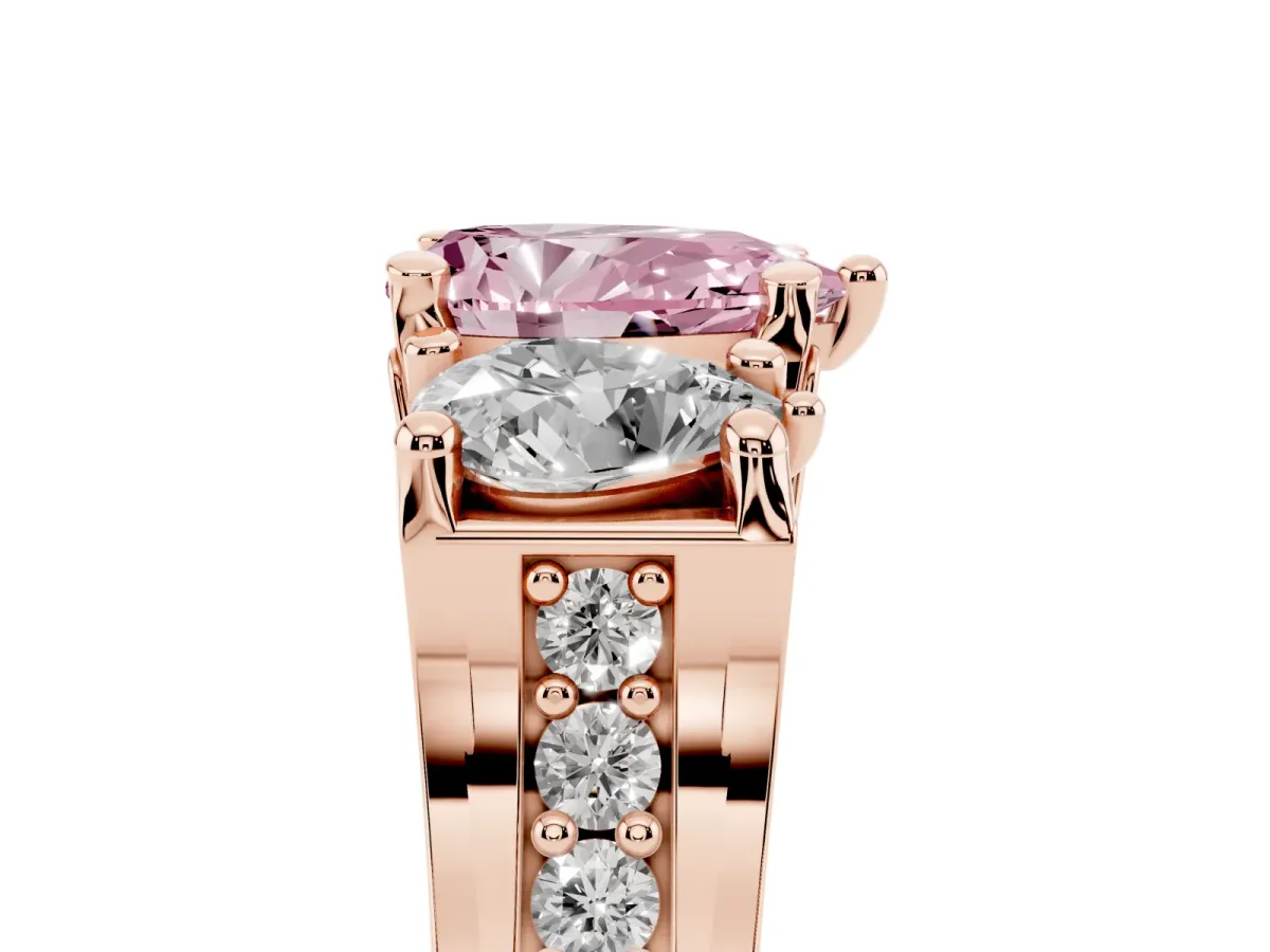 Fancy Pink Pear Cut Diamond Three-Stone Ring with Channel Set Band and Four-Prong Setting Rose gold