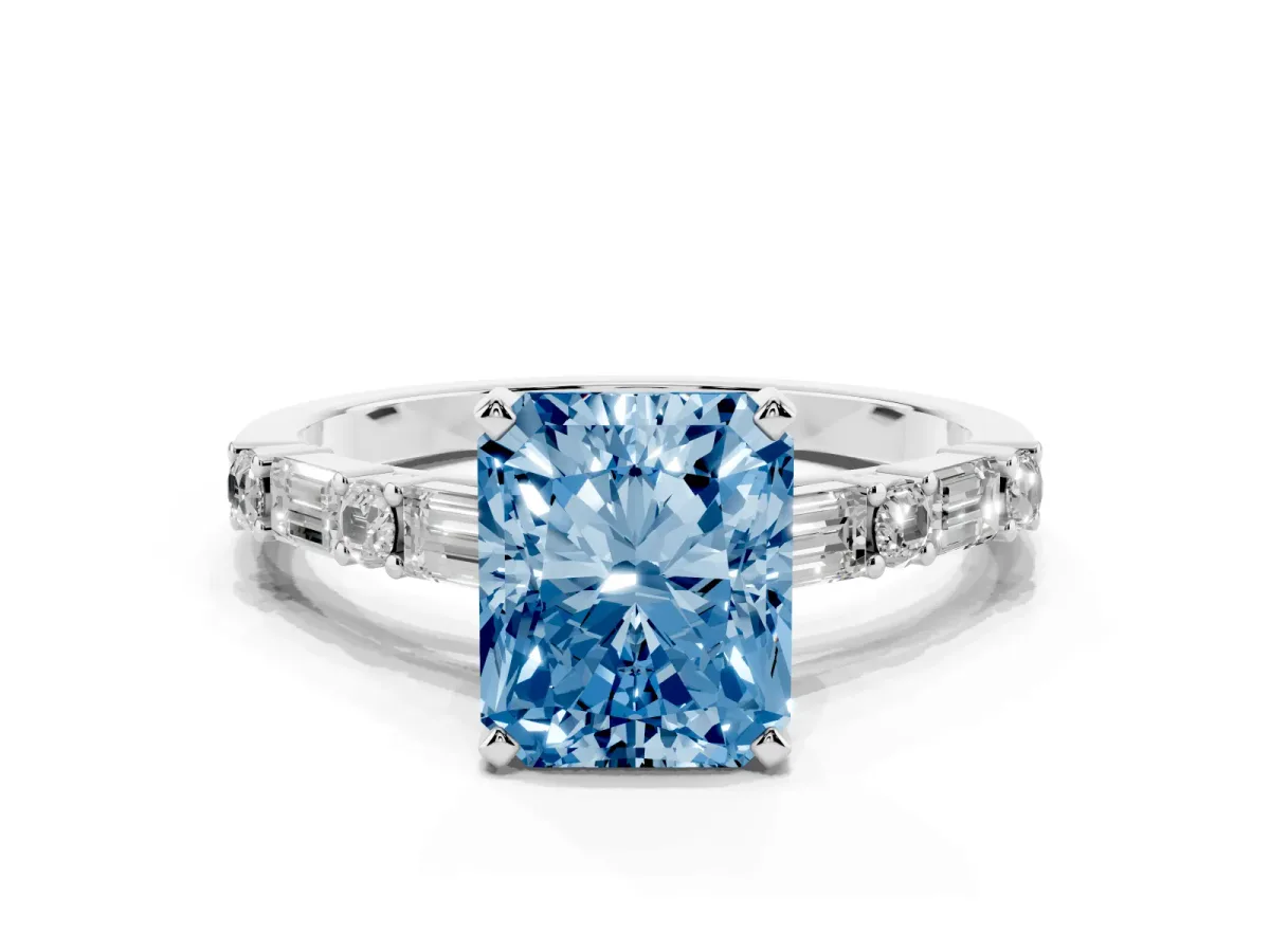 Fancy Blue Radiant Cut Diamond Solitaire with Side Baguettes and Channel Set Band Silver