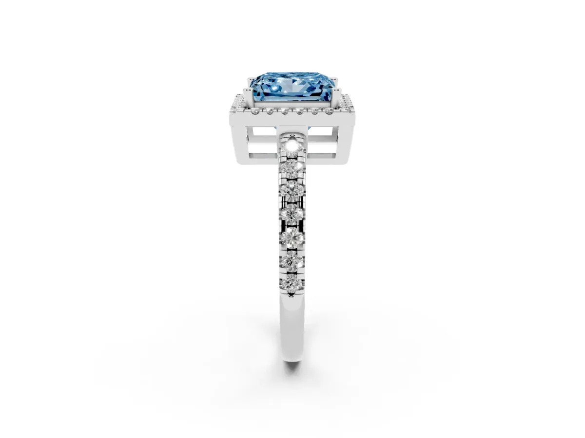 Fancy Blue Princess Cut Diamond Halo Ring with Pavé Band and Four-Prong Setting Silver