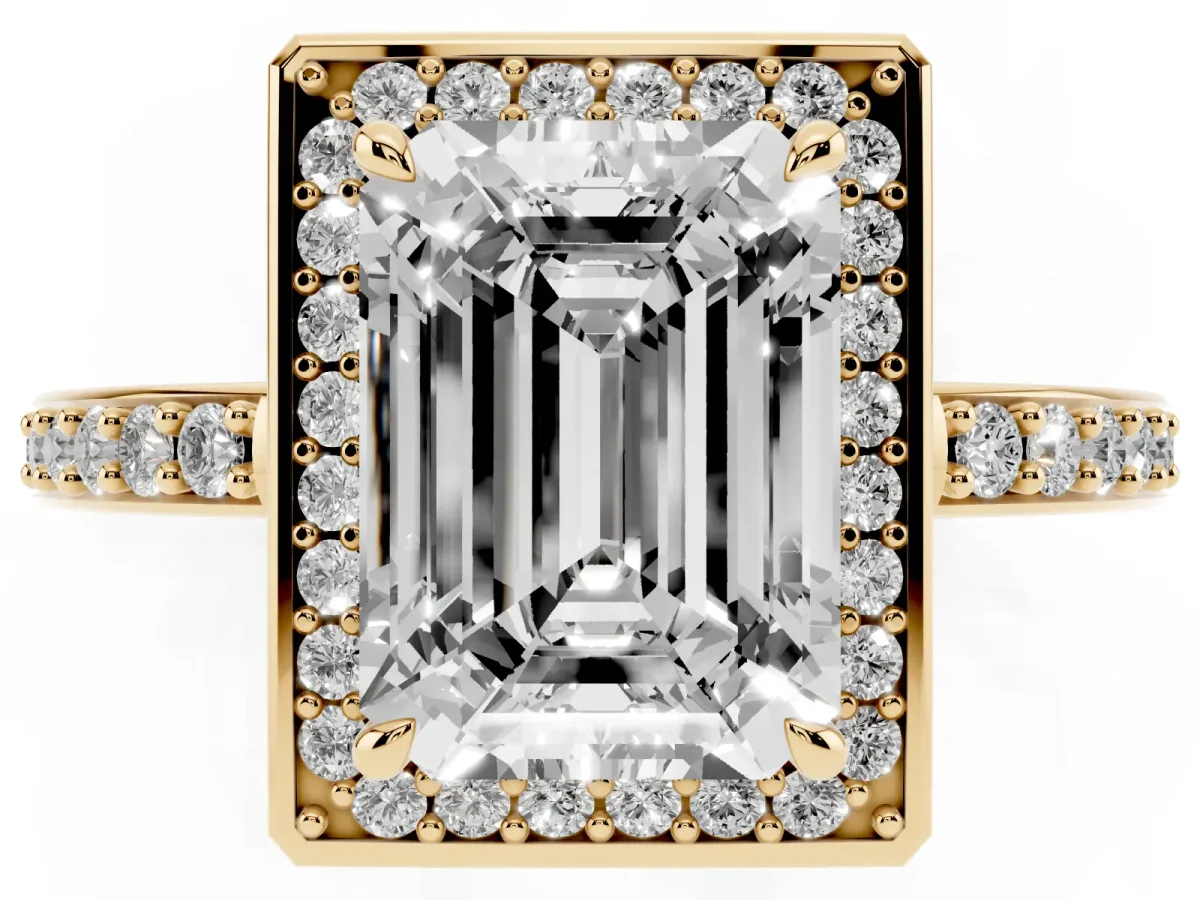Emerald Cut Halo Pave Band Solitaire Ring with Prong Setting Yellow gold