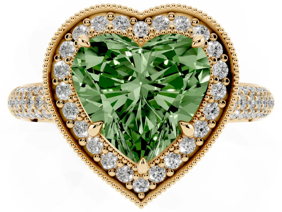 Fancy Green Heart Cut Cut Halo Diamond Pave Band with Four-Prong Setting Yellow gold