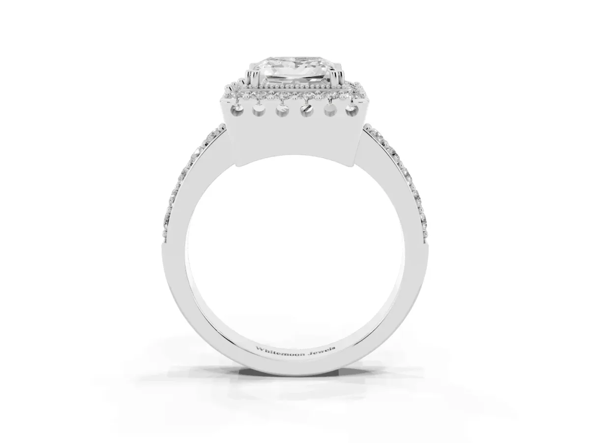 Princess Cut Diamond Halo Ring with Pavé Band and Prong Setting Silver
