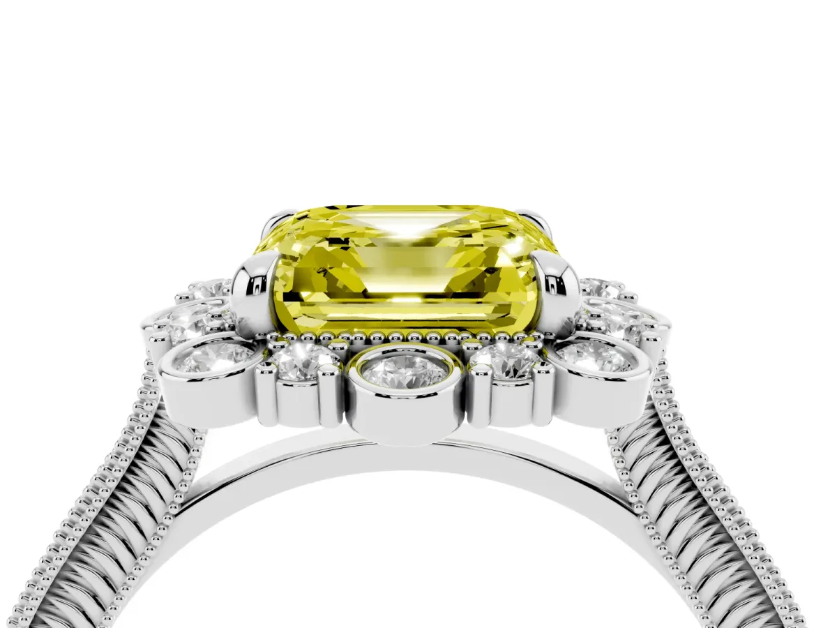 Fancy Yellow Asscher Cut Halo Milgrain Pave Diamond Ring with Four-Prong Setting Silver