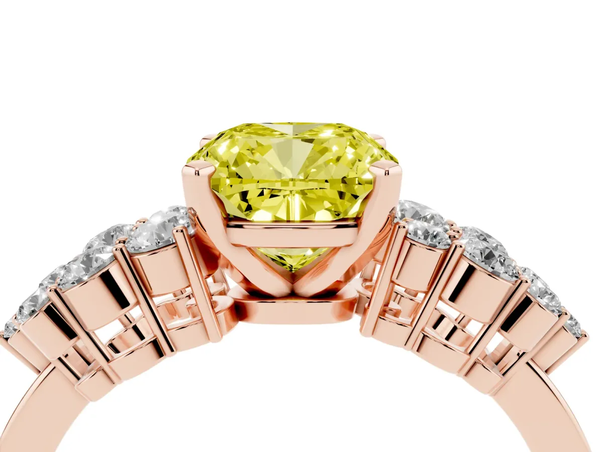 Fancy Yellow Cushion Cut Cluster Diamond Engagement Ring with Pavé Band and Four-Prong Setting Rose gold
