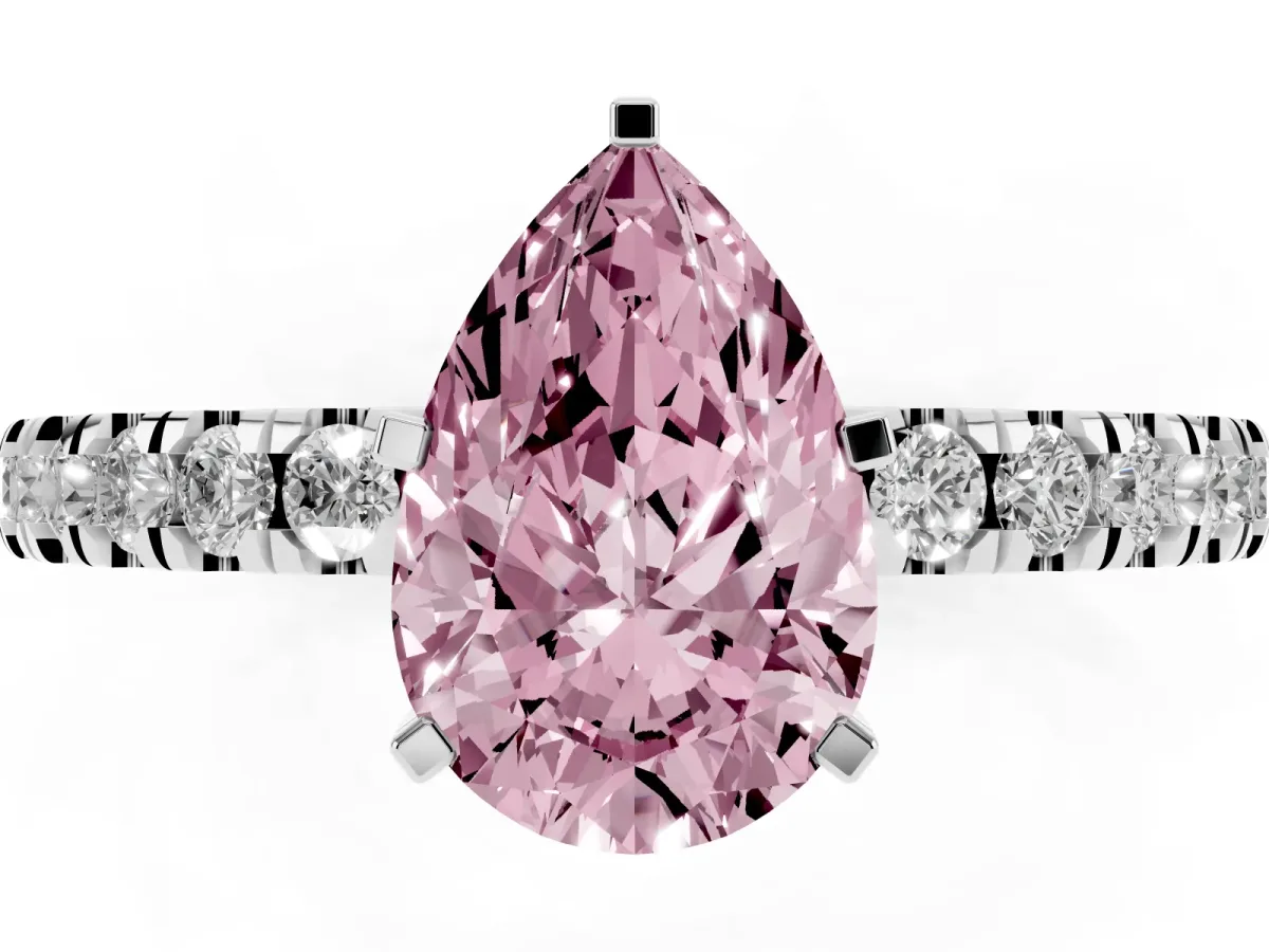 Fancy Pink Pear Cut Solitaire Diamond with Pavé Band and Four-Prong Setting Silver