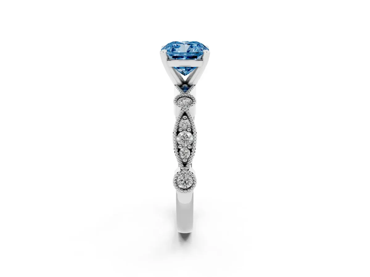Fancy Blue Cushion Cut Milgrain Bezel Diamond Engagement Ring with Solitaire Prong Setting Platinum
