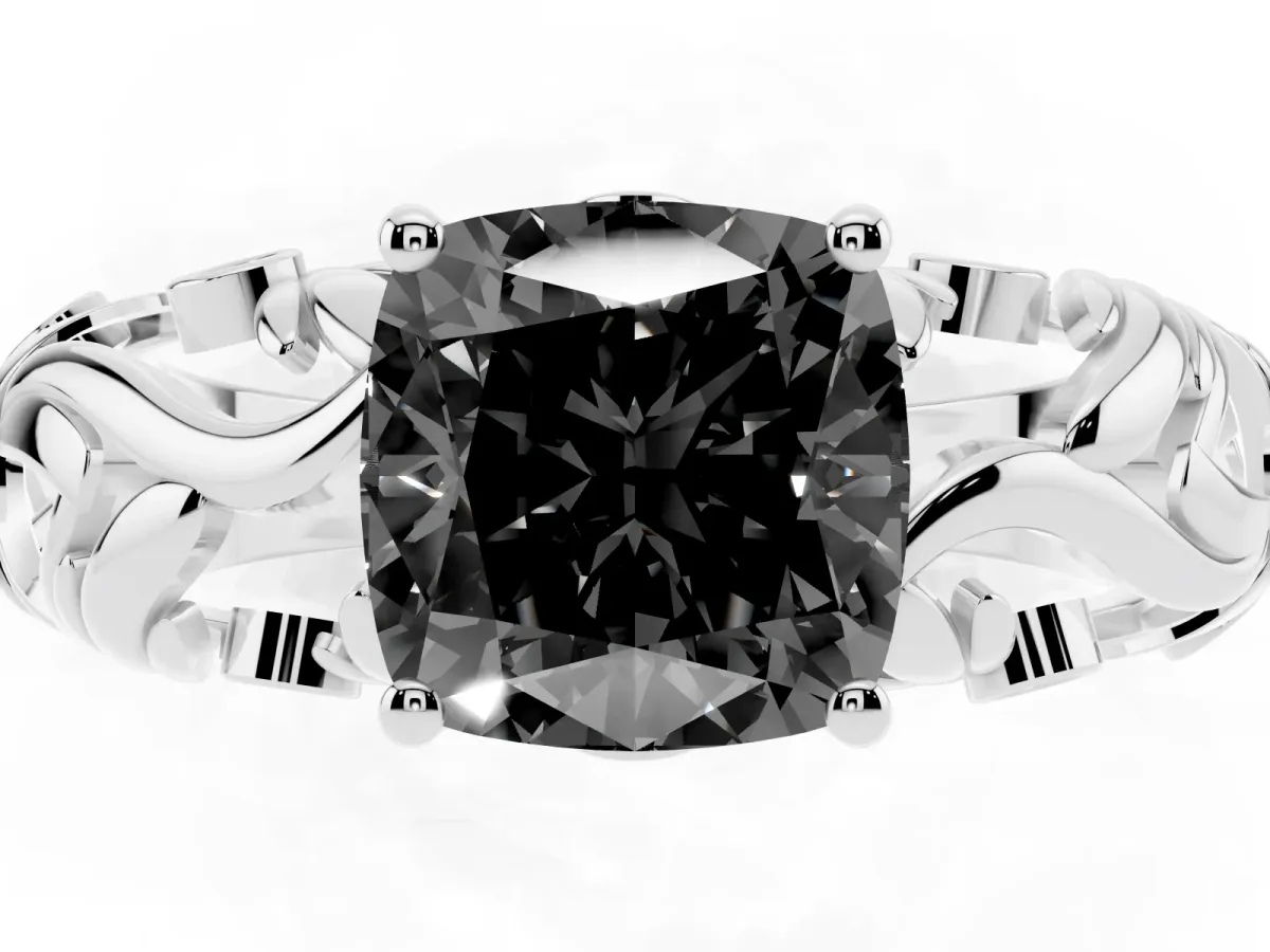 Fancy Black Cushion Cut Solitaire Diamond Leaf-Inspired Vine Band Ring with Prong Setting Silver