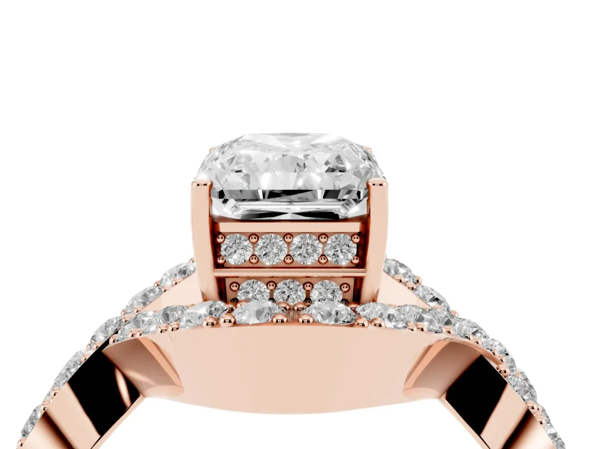 Radiant Cut Solitaire Twist Band Pavé Diamond Engagement Ring Rose gold