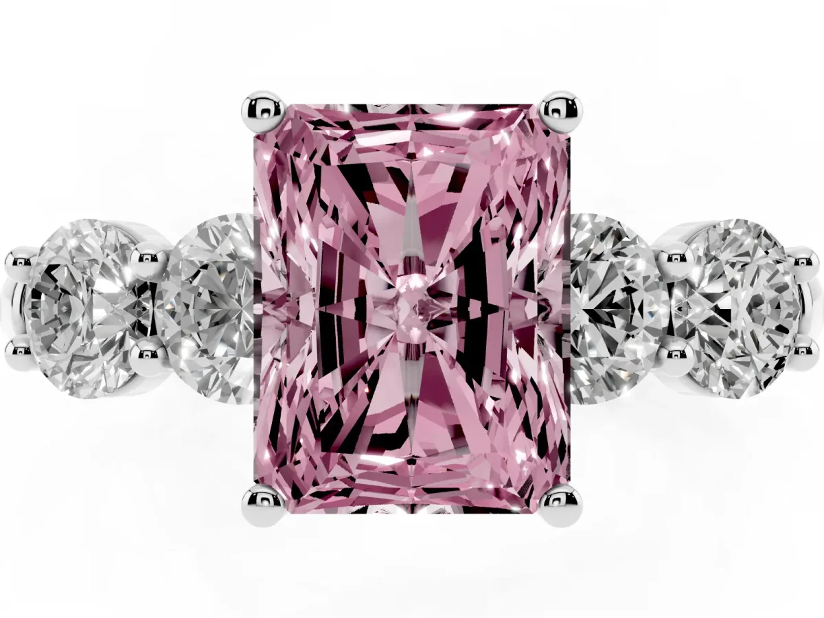 Fancy Pink Radiant Cut Cut Five-Stone Prong Set Diamond Ring with Classic Band Silver
