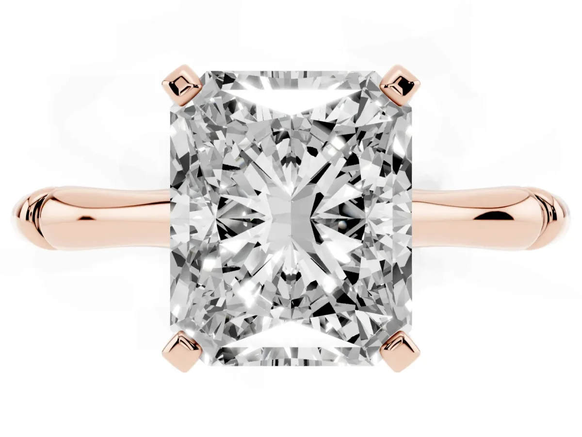 Radiant Cut Solitaire Diamond Ring with Bamboo Band and Four-Prong Setting Rose gold