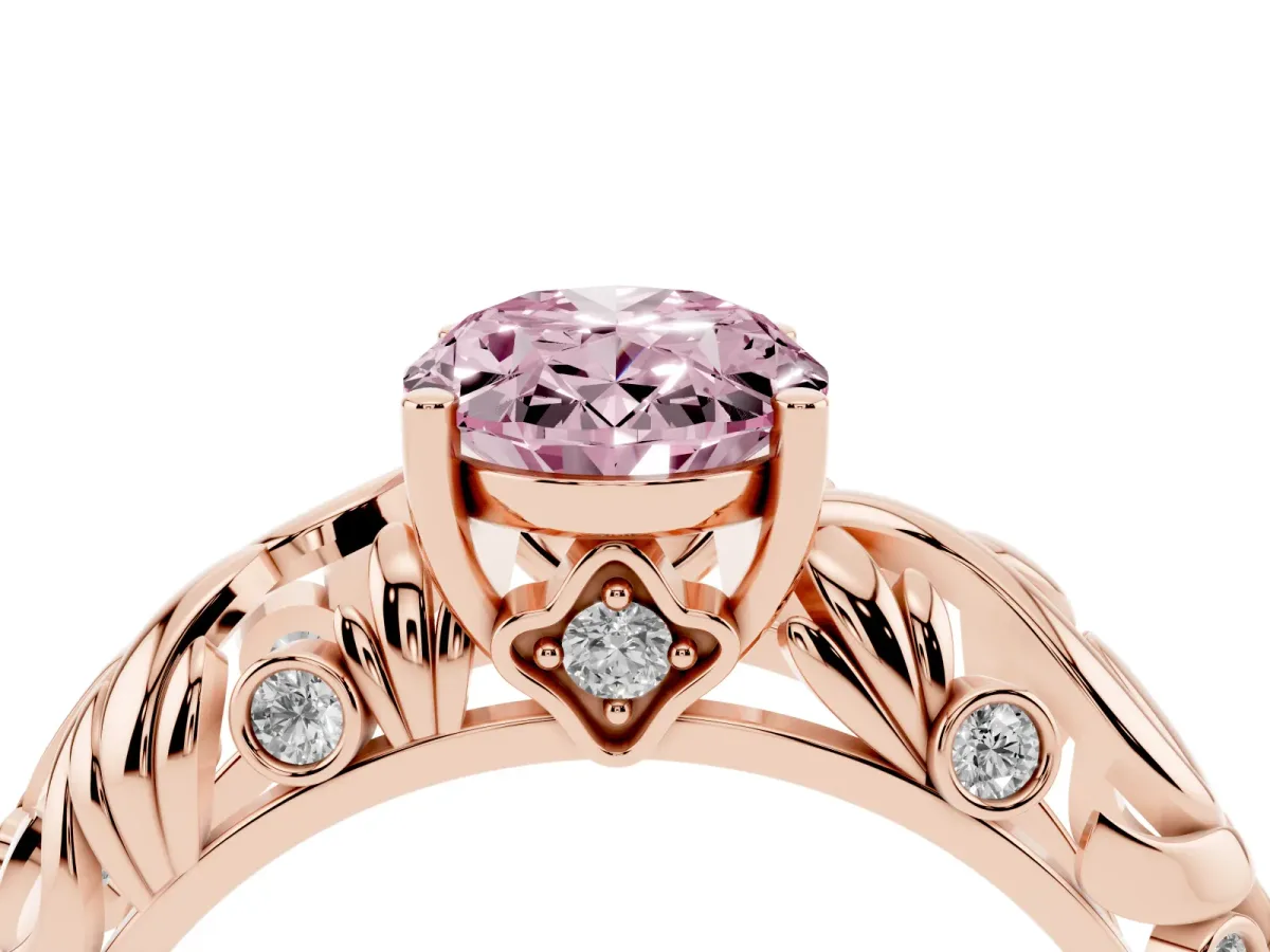 Fancy Pink Oval Cut Solitaire Diamond Leaf-Inspired Vine Band Ring with Prong Setting Rose gold