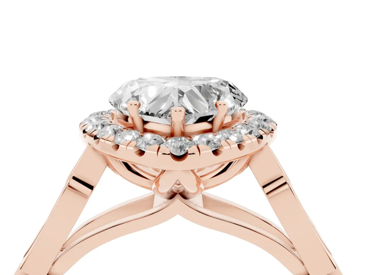 Heart Cut Halo Diamond Engagement Ring with Filigree Band and Four-Prong Setting Rose gold