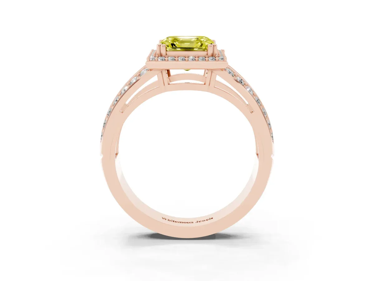Fancy Yellow Asscher Cut Diamond Halo Ring with Split Shank Pavé Band and Four-Prong Setting Rose gold