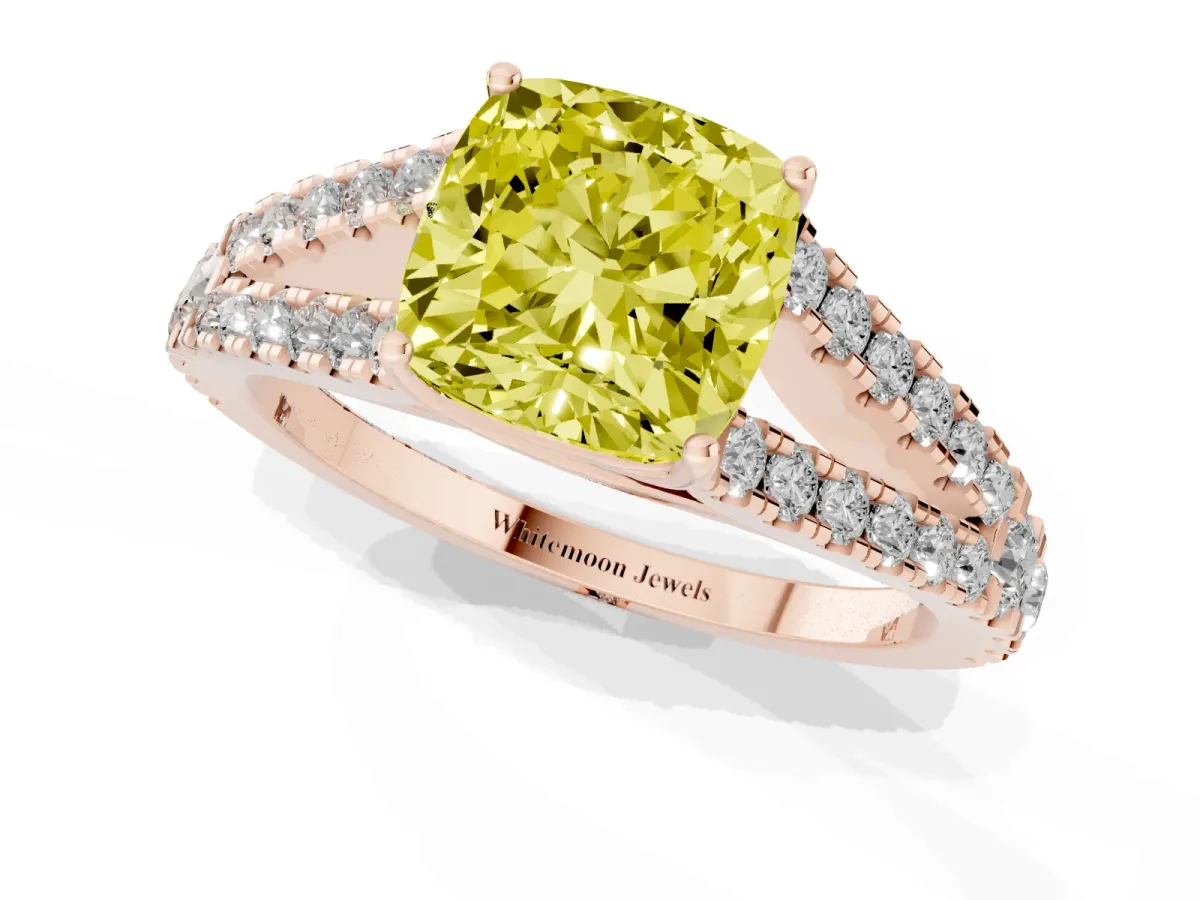 Fancy Yellow Cushion Cut Diamond Split Shank Pavé Engagement Ring with Four-Prong Setting Rose gold