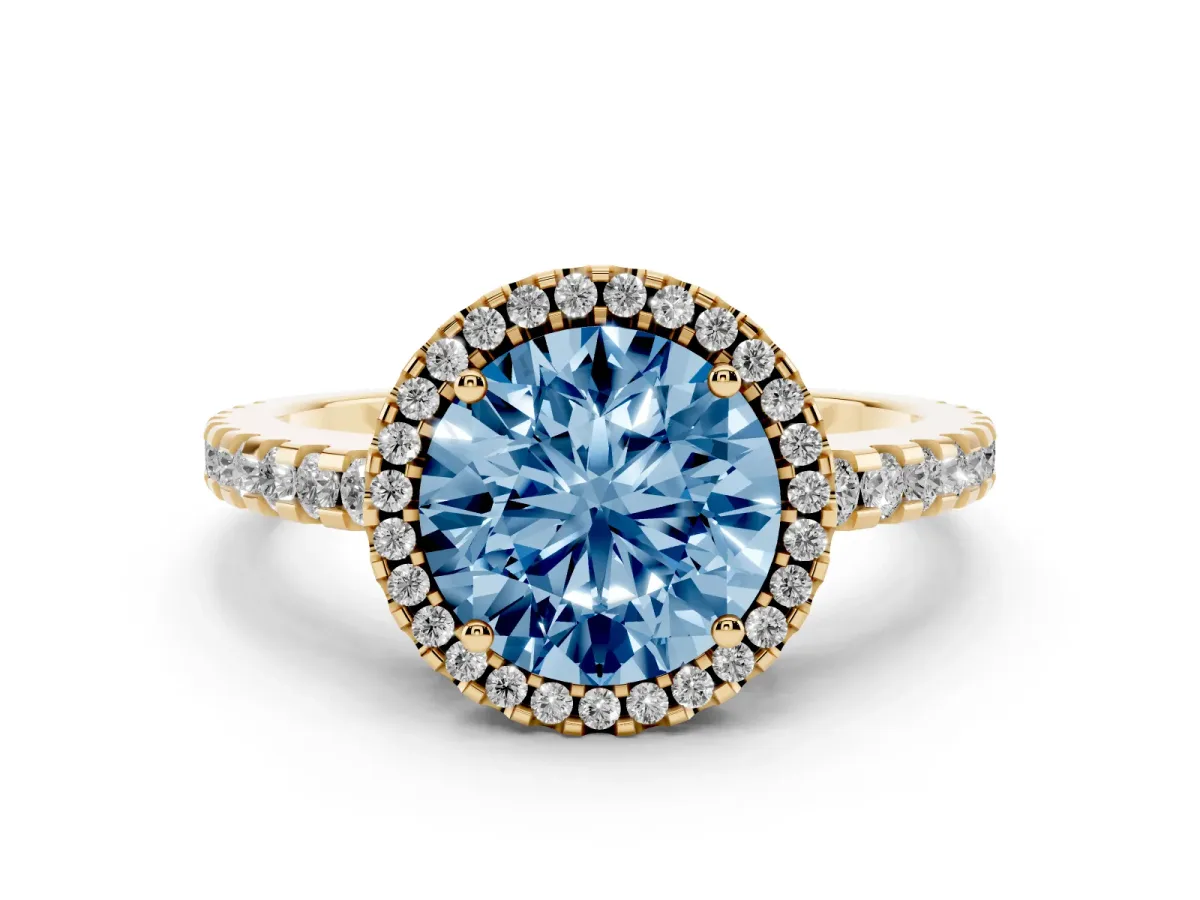 Fancy Blue Round Cut Diamond Halo Engagement Ring with Pavé Band and Prong Setting Yellow gold