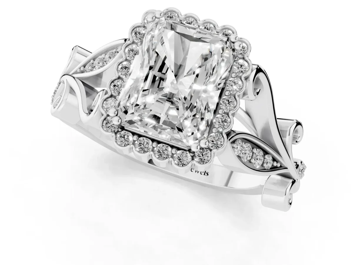Radiant Cut Diamond Halo Ring with Vintage Split Shank and Four-Prong Setting Silver