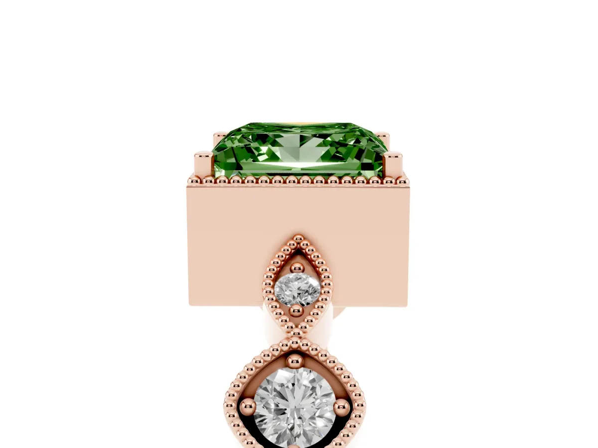 Fancy Green Princess Cut Diamond Vintage Milgrain Ring with Round Stations Rose gold