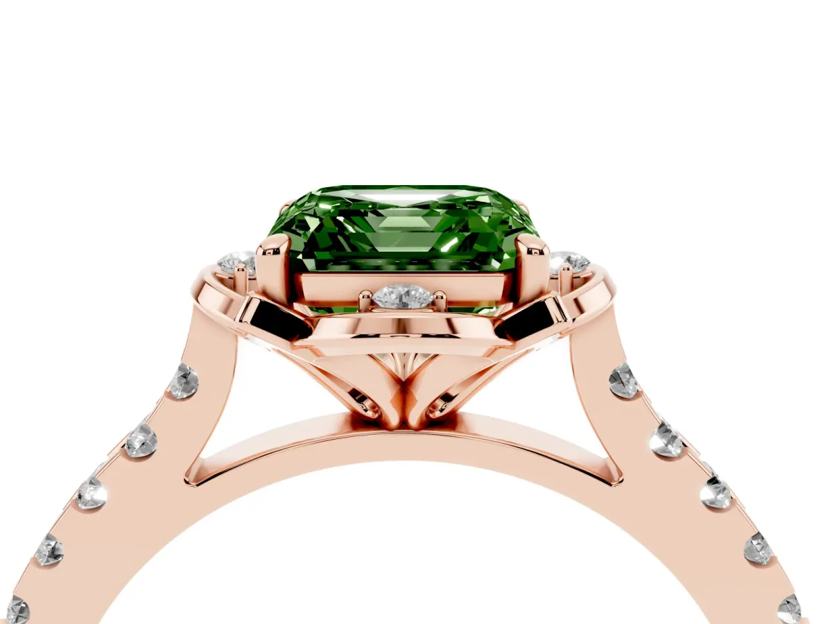 Fancy Green Asscher Cut Diamond Ring with Pavé Band and Floral Prong Setting Rose gold