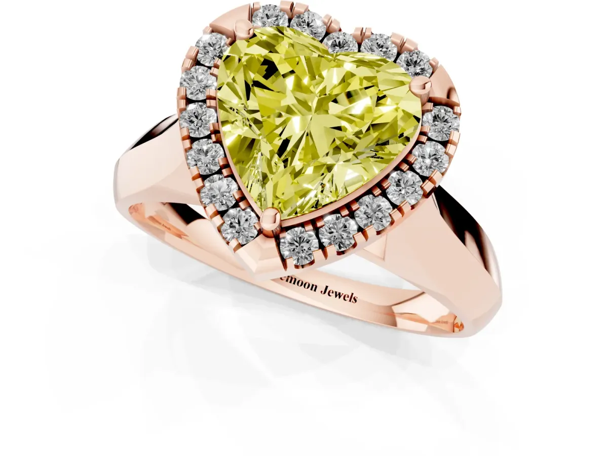 Fancy Yellow Heart Cut Cut Halo Solitaire Engagement Ring with Square Band and Four-Prong Setting Rose gold
