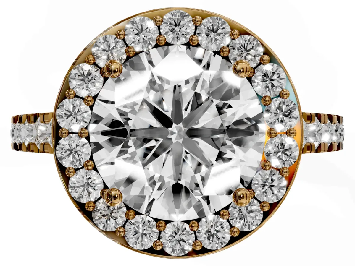 Round Cut Diamond Halo Ring with Round Pavé Split Shank and Prong Setting Yellow gold