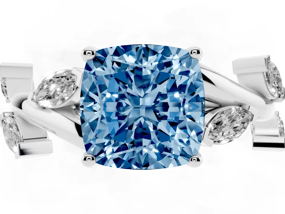 Fancy Blue Cushion Cut Solitaire Twisted Band Marquise Accent Prong Setting Ring Platinum