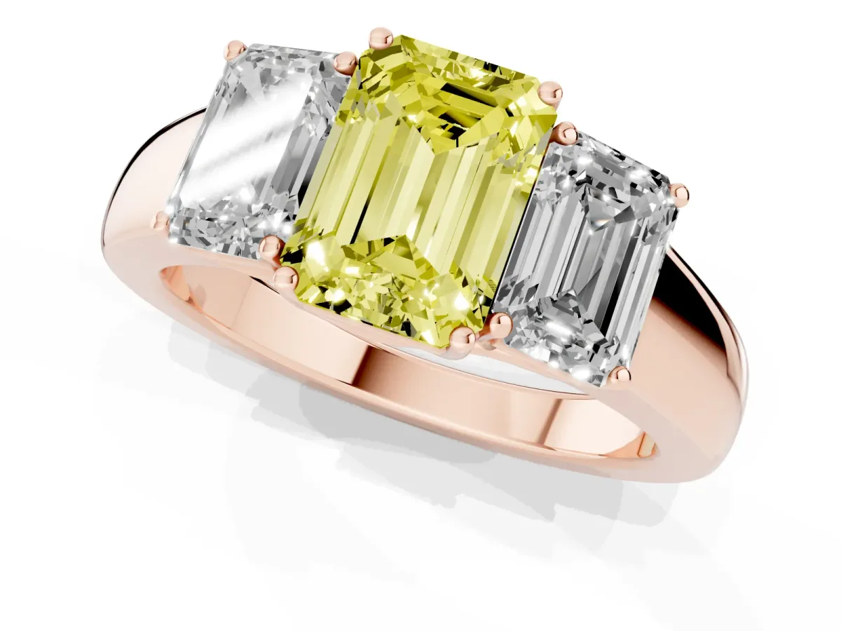 Fancy Yellow Three-Stone Emerald Cut Cut Diamond Ring with Prong Setting and Classic Band Rose gold