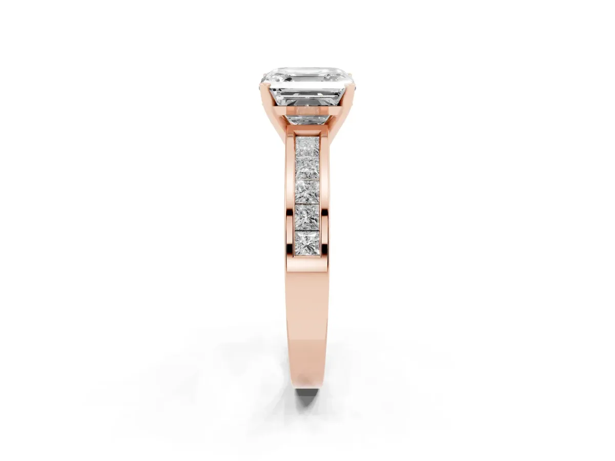 Asscher Cut Solitaire Diamond Ring with Channel-Set Band and Four-Prong Setting Rose gold