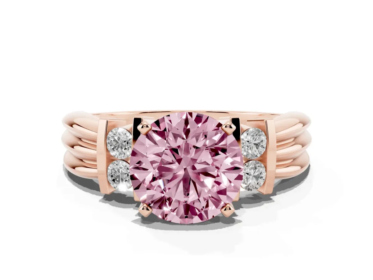 Fancy Pink Round Cut Cut Three-Stone Channel Set Ring with Bar Prongs Rose gold
