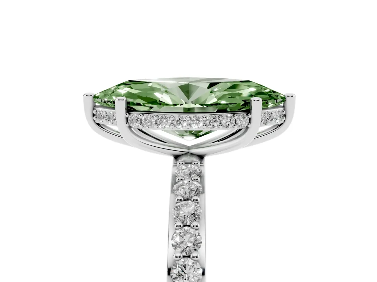 Fancy Green Marquise Cut Diamond Solitaire Ring with Pavé Band and Hidden Halo White gold