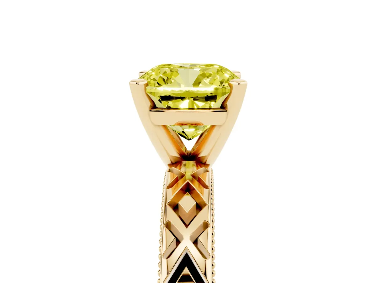 Fancy Yellow Cushion Cut Solitaire Diamond Ring with Milgrain and Black Enamel X Pattern Band Yellow gold