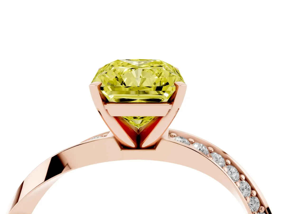 Fancy Yellow Radiant Cut Diamond Engagement Ring with Side Stone Accents and Four-Prong Setting Rose gold