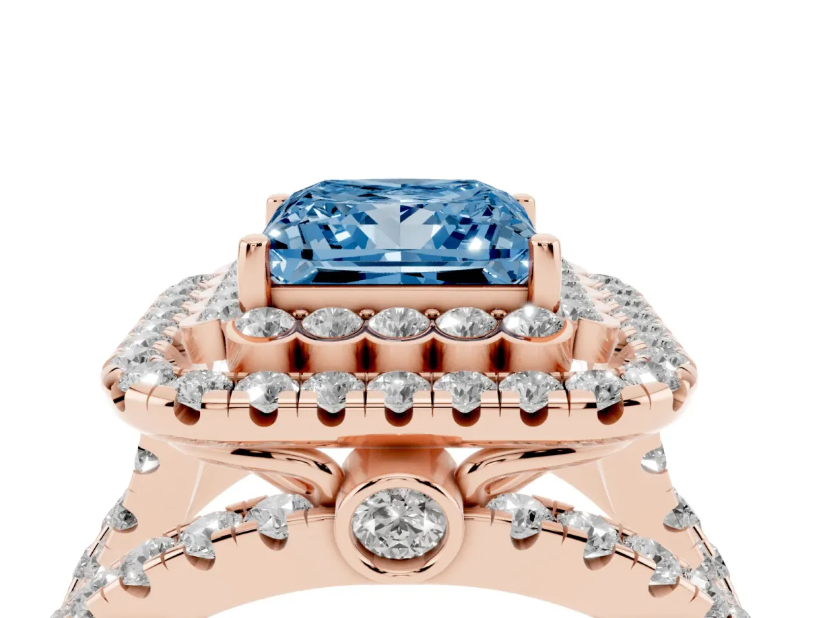 Fancy Blue Princess Cut Diamond Double Halo Ring with Round Pavé Split Shank and Prong Setting Rose gold